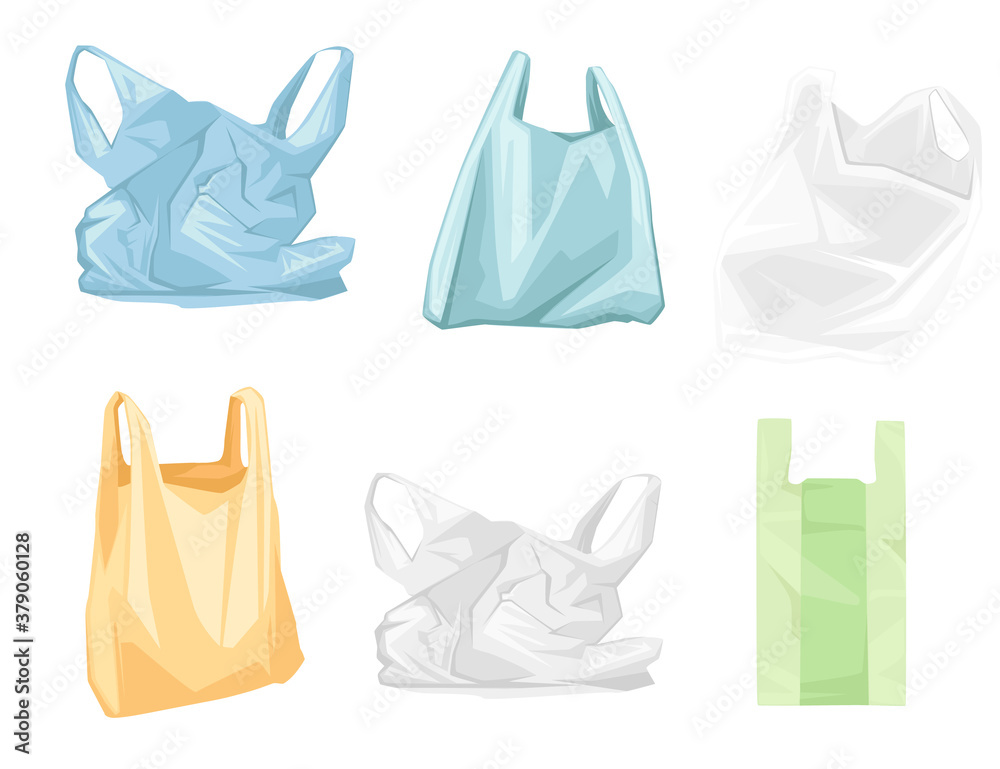 Set of colored used plastic bags flat vector illustration isolated on white background - obrazy, fototapety, plakaty 
