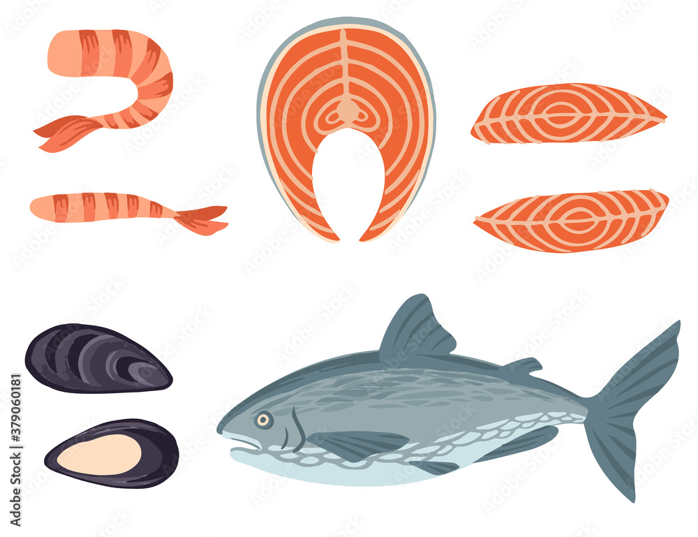 Natural seafood set whole fish mussels shrimp and salmon steak marine cuisine restaurant menu design elements flat vector illustration isolated on white background