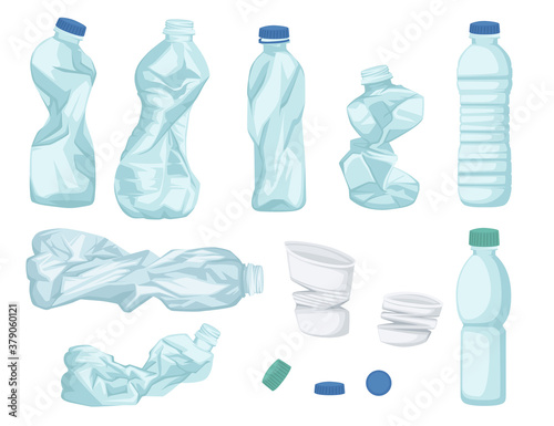 Plastic water bottle waste set of different bottle garbage transparent plastic flat vector illustration isolated on white background
