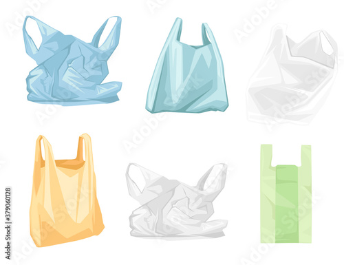 Set of colored used plastic bags flat vector illustration isolated on white background