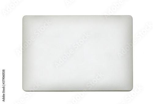 Top view of closed laptop computer on white background. Copy space with isolate view.