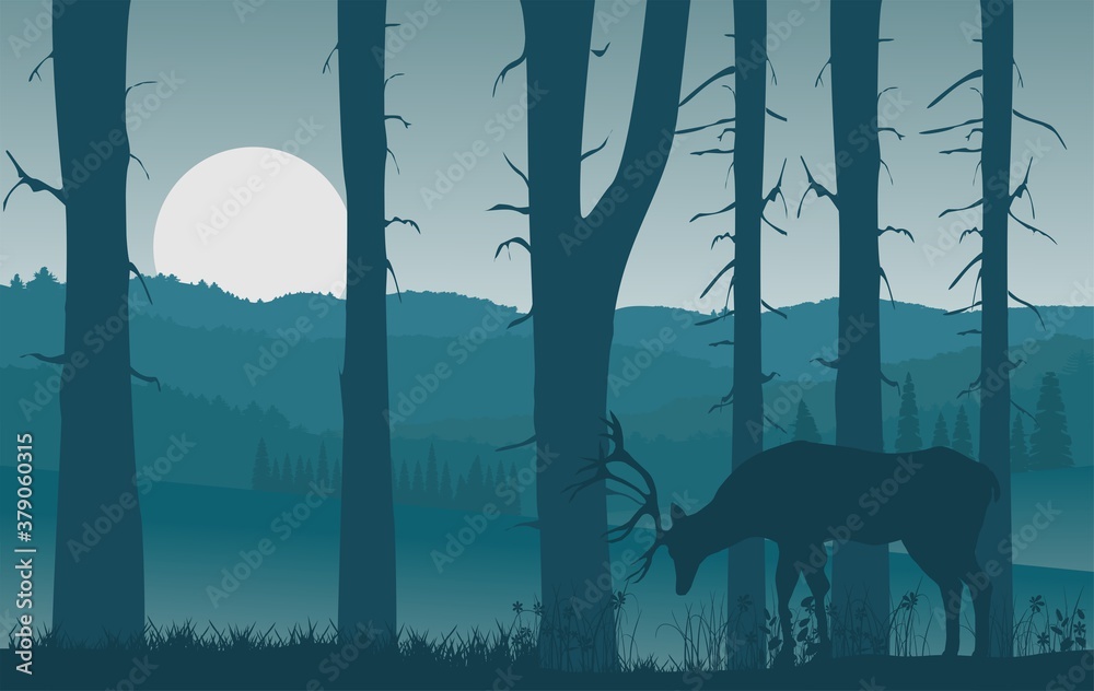 Φωτογραφία Vector nature landscape with blue misty silhouettes of forests and hills, deer