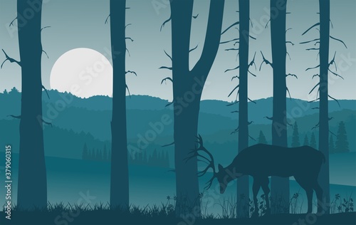 Vector nature landscape with blue misty silhouettes of forests and hills, deer