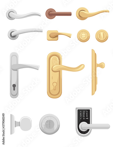 Different form lock metal silver and gold door or window handle set flat vector illustration isolated on white background