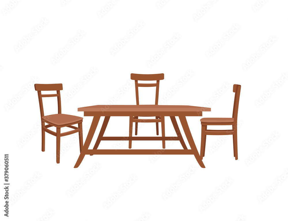 Fototapeta premium Wooden table with wooden chairs household furniture flat vector illustration isolated on white background