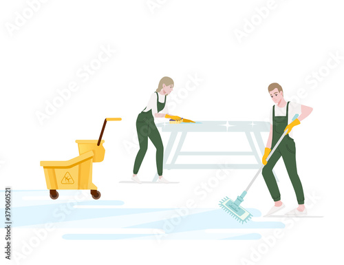 Professional cleaners man and woman wearing green uniform use yellow rubber gloves and modern mop cleaning process cartoon character design flat vector illustration isolated on white background
