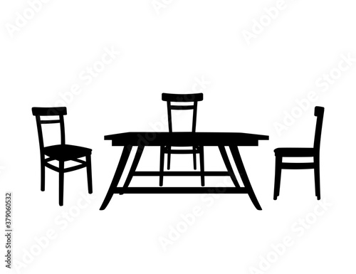 Black silhouette wooden table with wooden chairs household furniture flat vector illustration isolated on white background