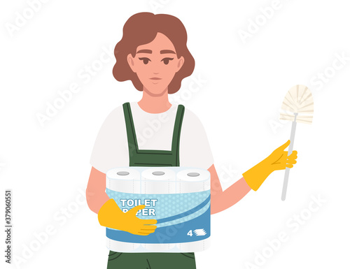 Professional cleaner woman wearing green uniform use yellow rubber gloves and hold toilet paper and toilet brush cleaning process cartoon character design flat vector illustration on white background