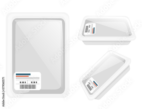 Set of vacuum sealed packaging with styrofoam and polyethylene packaging for groceries store or market flat vector illustration isolated on white background