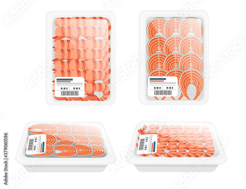 Set of vacuum sealed packaging with seafood packaging for groceries store or market flat vector illustration isolated on white background