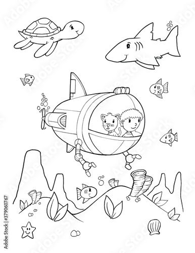 Ocean Explorer Submarine Coloring Book Page Vector Illustration Art