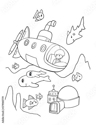 Ocean Explorer Submarine Coloring Book Page Vector Illustration Art