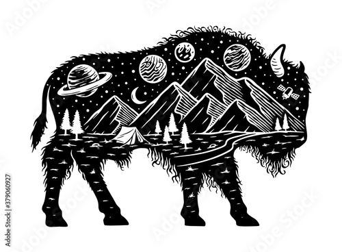 Nature and bison silhouette