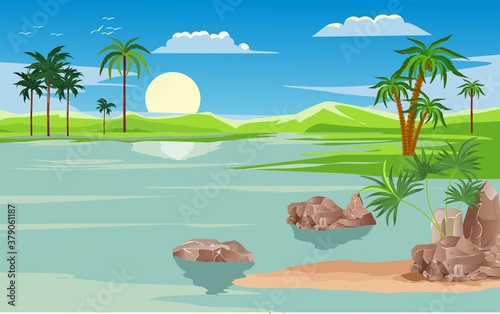 Sun rise on the tropical lake, clouds and trees reflected on the water, nature wild vector illustration