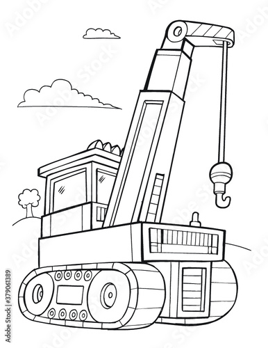 big crane construction vehicle coloring book page vector illustration art