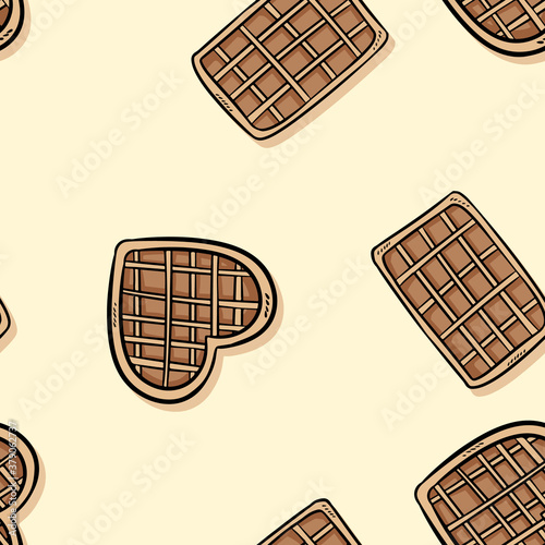 Belgian waffles doodles seamless border pattern. Cute cartoon tasty breakfast repeatable texture background tile. Cozy template of stock illustration for wrapping design, wallpaper