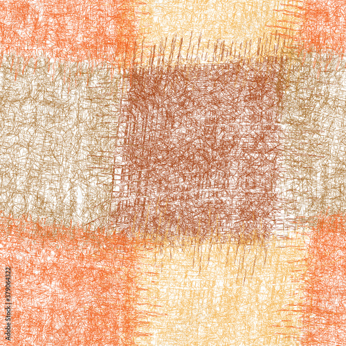 Seamless checkered pattern with grunge striped weave square elements in brown, orange, beige colors