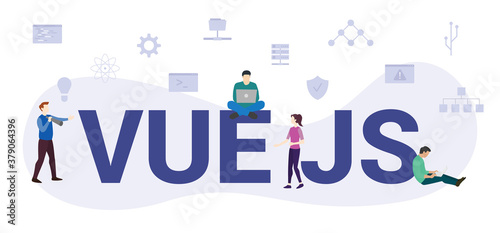 vue js concept with modern big text or word and people with icon related modern flat style
