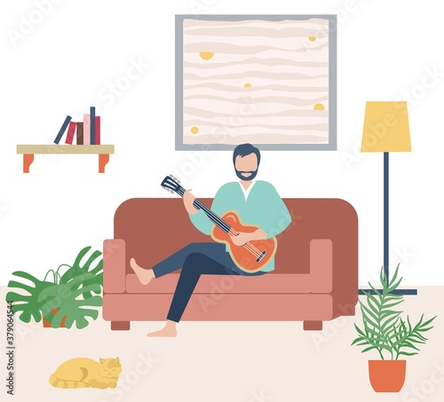 Young man playing guitar on sofa in living room, relaxing weekend at home. Creative hobbies and music or art study and composing music at home. Vector , illustration