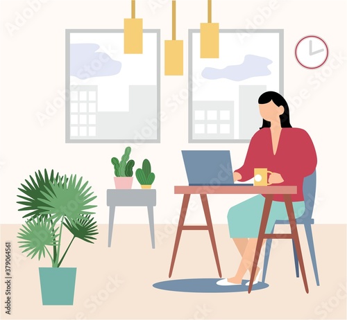 Work from Home. Stop Virus epidemic outbreak. Woman works on a laptop at home. Reduce the epidemic concept. Flat Design Illustration
