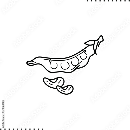 bean pod and 2 seeds, peas or soybeans vector icon in outline