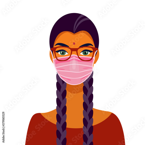 Indian woman in traditional dress and face mask. Portrait of a beautiful girl. Avatar. Face