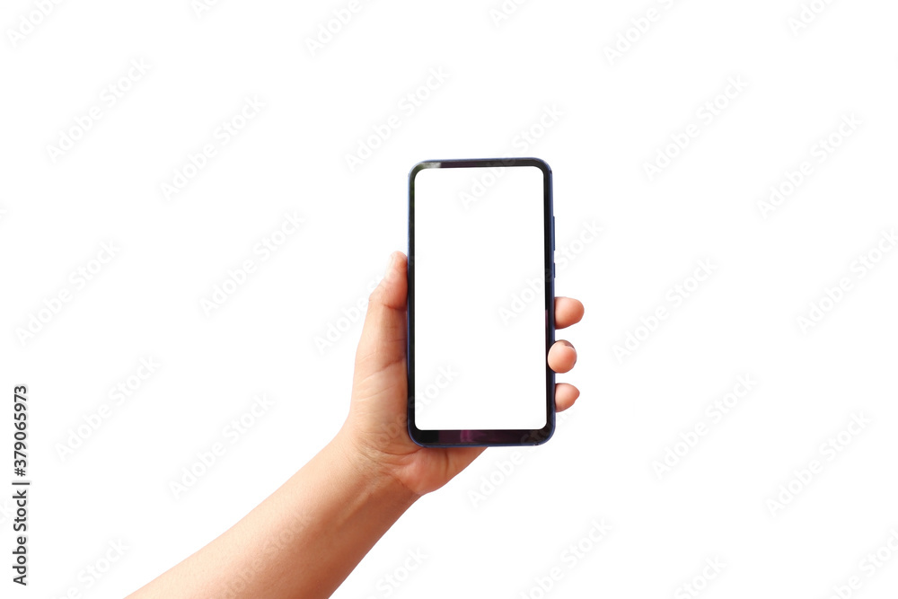 The hand is holding the white screen, the mobile phone is isolated on a white background with the clipping path. The hand is holding the white screen, the mobile phone is isolated on a white background with the clipping path.