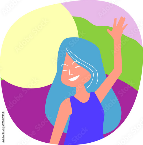 Woman waving hand, vector badge element. 