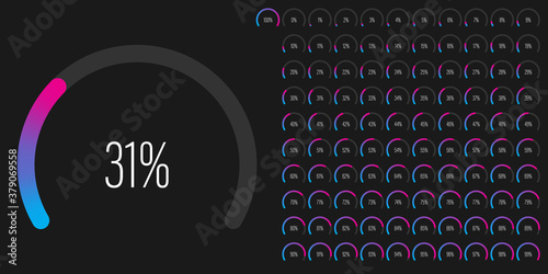 Set of circular sector percentage diagrams meters from 0 to 100 ready-to-use for web design, user interface UI or infographic - indicator with gradient from cyan blue to magenta hot pink