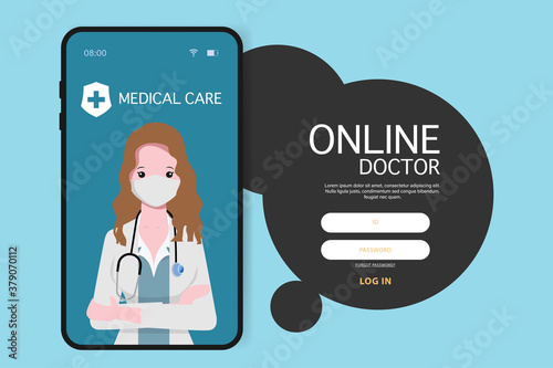 Doctor with stethoscope medical booking application with laptop ui design. Online doctor and hospital.