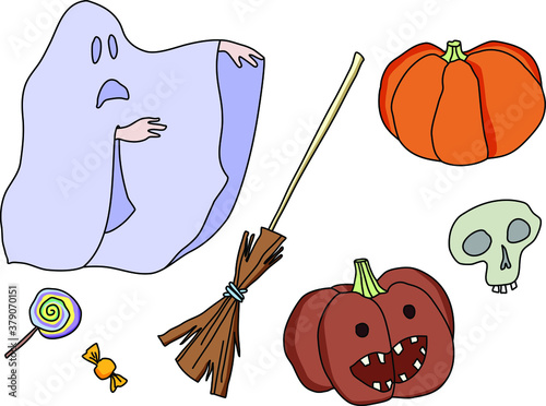 Colored Halloween and drawn pumpkin set with broom, ghost, skull and candies. Vector design elements