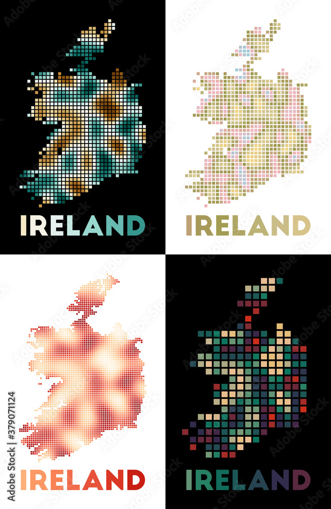 Fototapeta premium Ireland map. Collection of maps of Ireland in dotted style. Borders of the country filled with rectangles for your design. Vector illustration.