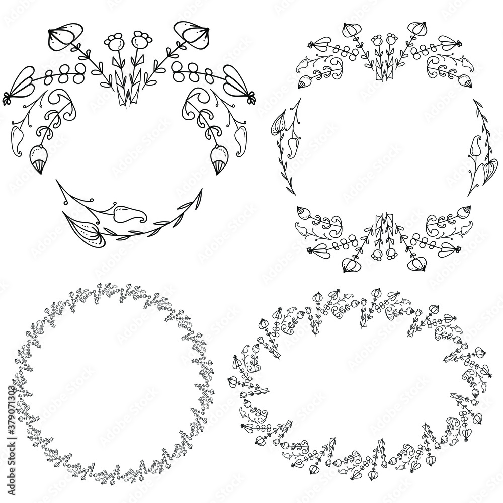 Fototapeta premium Set of four round paperwork with doodle flowers, floral motifs for invitations, cards, etc. vector outline illustration