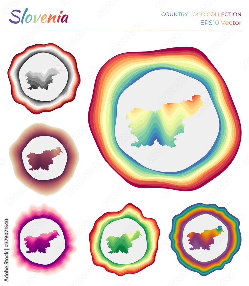 Slovenia logo collection. Colorful logo of the country. Unique layered dynamic frames around Slovenia border shape. Vector illustration. Slovenia logo collection. Colorful logo of the country. Unique layered dynamic frames around Slovenia border shape. Vector illustration.