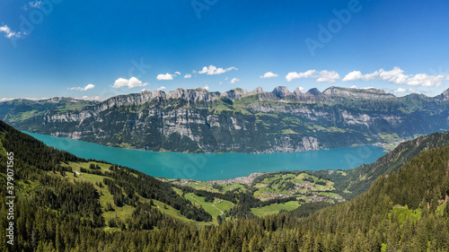 Aerial panarma view of Walensee from Flumserberg, Switzerland by drone photography (large stitched file)