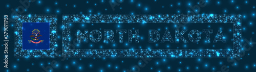 North Dakota badge. Flag of North Dakota in glowing network geometric style. Appealing vector illustration.