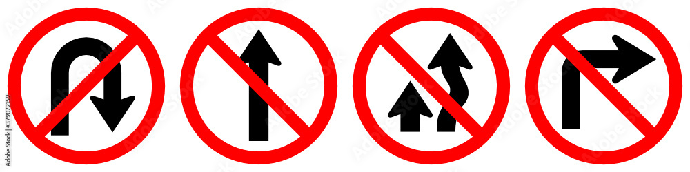 Do not U-turn right, Go straight, Overtaking prohibited and turn right traffic road vector sign set isolated on white background Do not U-turn right, Go straight, Overtaking prohibited and turn right traffic road vector sign set isolated on white background