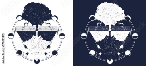Tree of Life tattoo. Future and the past, symbol of life and death. T-shirt design. Black and white vector graphics