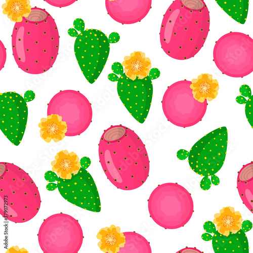 Vector cartoon seamless pattern with Indian figs exotic fruits, flowers and leafs on white background