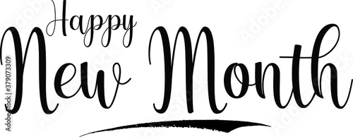 Happy New Month Calligraphy Handwritten Black Color Text On Yellow 
Background