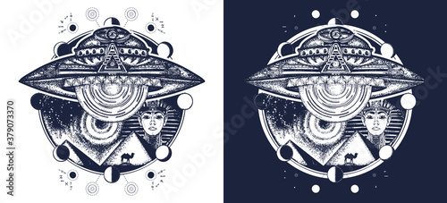 UFO and ancient Egypt tattoo art. Paleocontact concept. Aiens, ancient astronauts. Spaceship over pyramids of Egypt t-shirt design. Black and white vector graphics