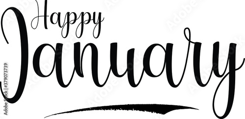 Happy January Calligraphy Handwritten Black Color Text On Yellow 
Background
