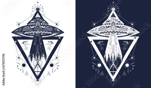 UFO tattoo art and t-shirt design. Invasion of aliens. Aliens kidnap human. Mystical symbol paranormal phenomena, first contact. Black and white vector graphics
