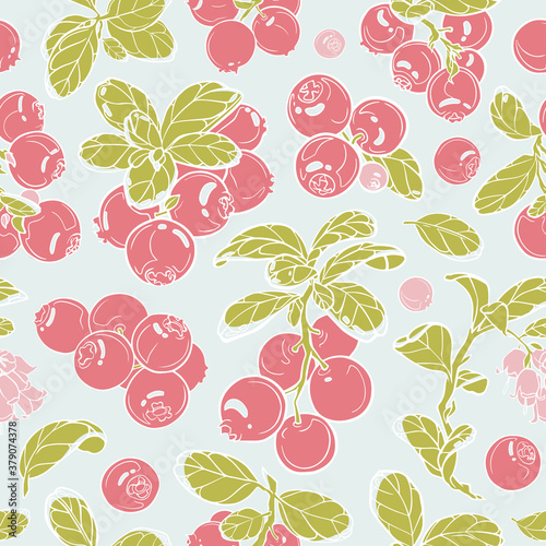 Fototapeta Naklejka Na Ścianę i Meble -  Lingonberry seamless pattern, ready to use. Berries, leaves, seasonal