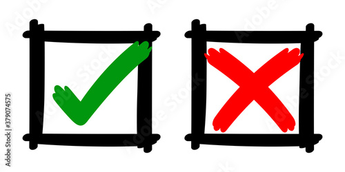 check mark sign yes or no with stripes brush hand drawn, checkmark cross or right tick choice for vote, accept or x icon graphic red green for voting isolated on white, handwritten concept