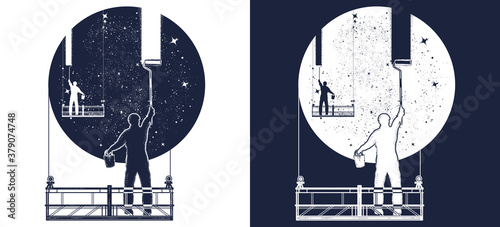 Window cleaners wash universe, surreal tattoo. Symbol of clarification, psychology, creative art. Black and white vector graphics