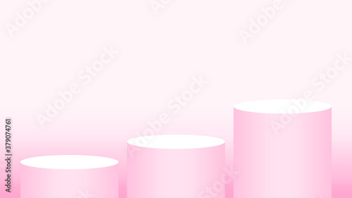 pink pedestal cylinder circle 3 steps for cosmetics showcase, podium circle stage pink pastel soft color, platform three steps for advertising copy space, podium round for make-up product display