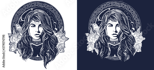 Witch woman oracle tattoo art. Mystical fortune teller of destiny. Symbol of the occult, esoteric, magic. Female shaman t-shirt design. Black and white vector graphics
