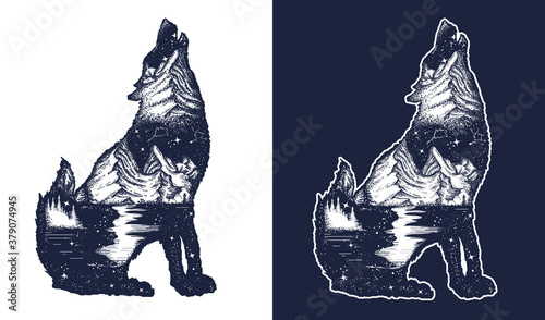 Wolf double exposure tattoo and t-shirt design. Symbol tourism, travel, adventure, outdoor. Black and white vector graphics