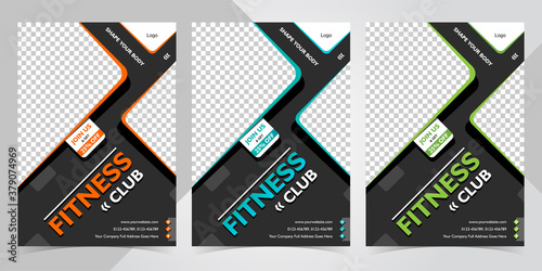 Orange, Blue and Green color fitness body building and gym flyer A4 size template with Black Background
